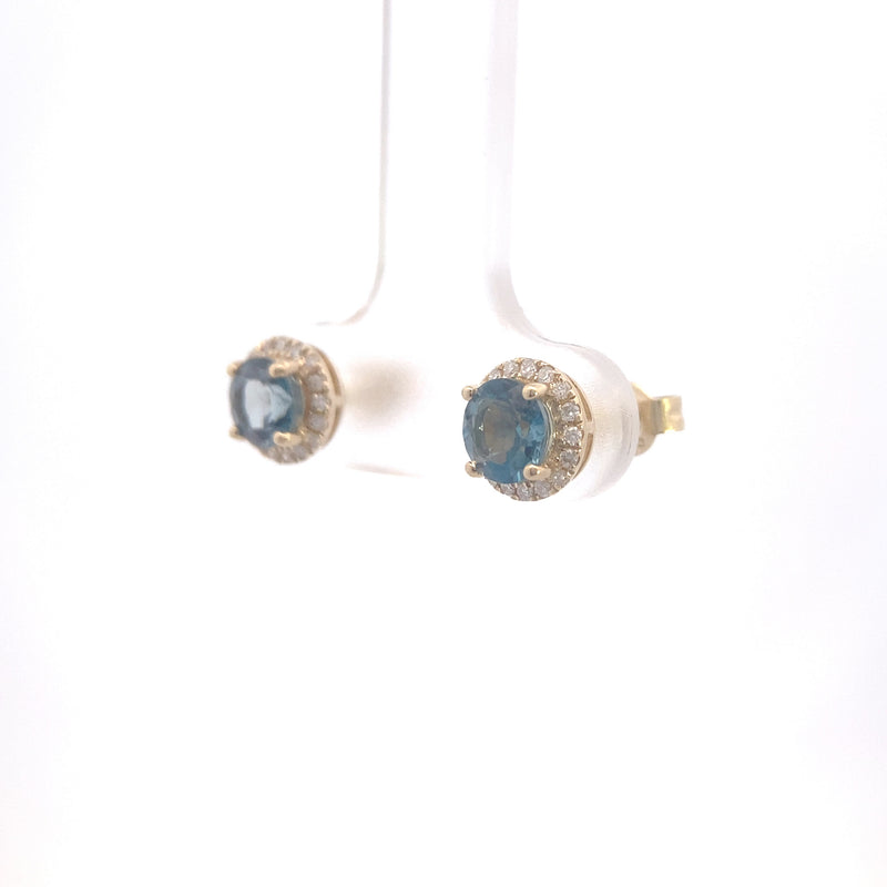 14K Yellow Gold 1CT. London Blue Topaz & 1/6CT. Diamond Halo Stud Earrings
