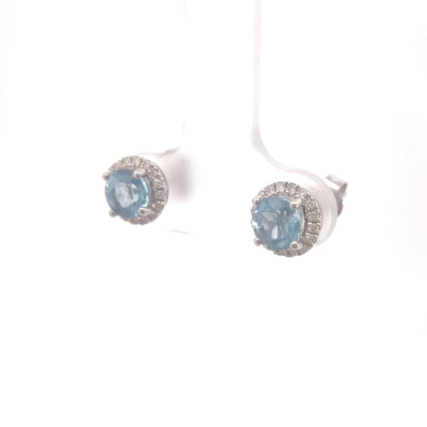 14K White Gold 1CT. London Blue Topaz & 1/6CT. Diamond Halo Stud Earrings