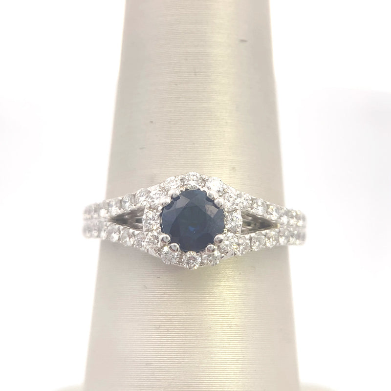 18K White Gold 3/4CT. Diamond Halo & 5/8CT. Sapphire Split-Shank Engagement Ring