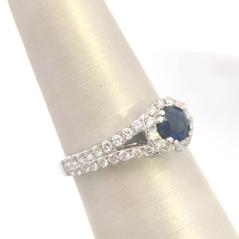 18K White Gold 3/4CT. Diamond Halo & 5/8CT. Sapphire Split-Shank Engagement Ring