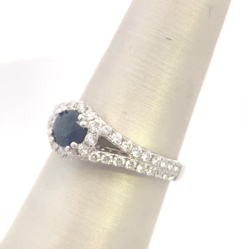 18K White Gold 3/4CT. Diamond Halo & 5/8CT. Sapphire Split-Shank Engagement Ring