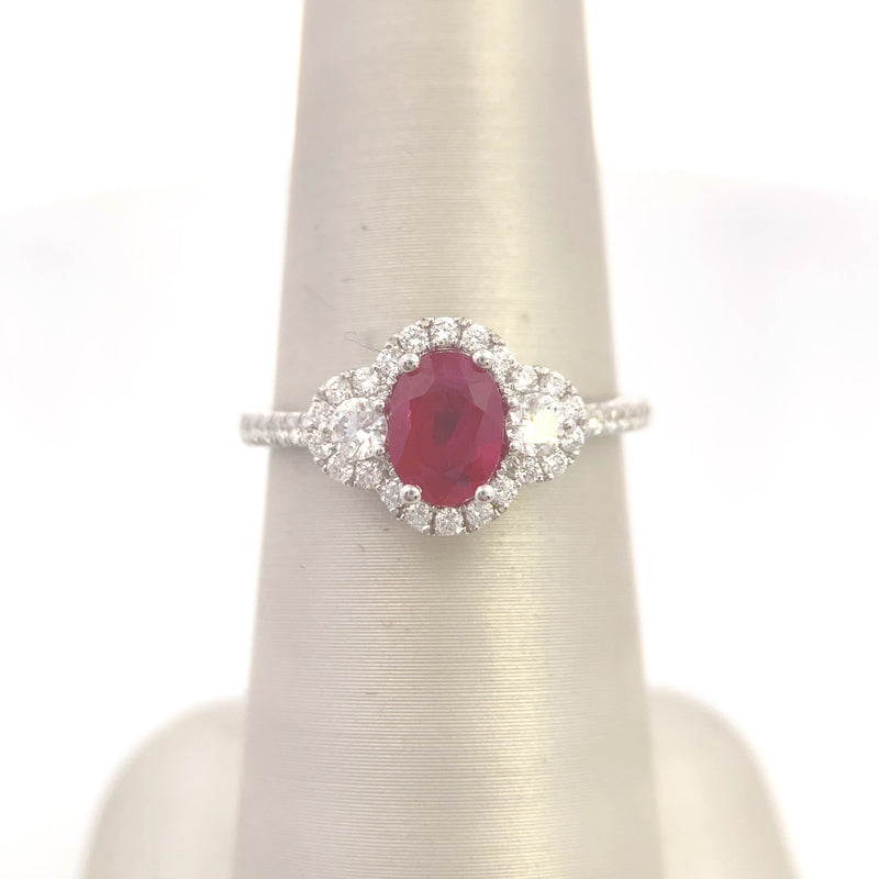 18K White Gold 1/2CT. Diamond & 1CT. Ruby Three-Stone Halo Engagement Ring