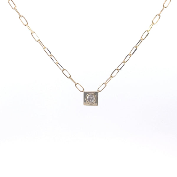 14K Yellow Gold 1/10CT. Square-Framed Diamond Solitaire Paperclip Necklace