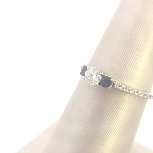 10K White Gold 1/2CT. Diamond & Blue Sapphire Three-Stone Engagement Ring