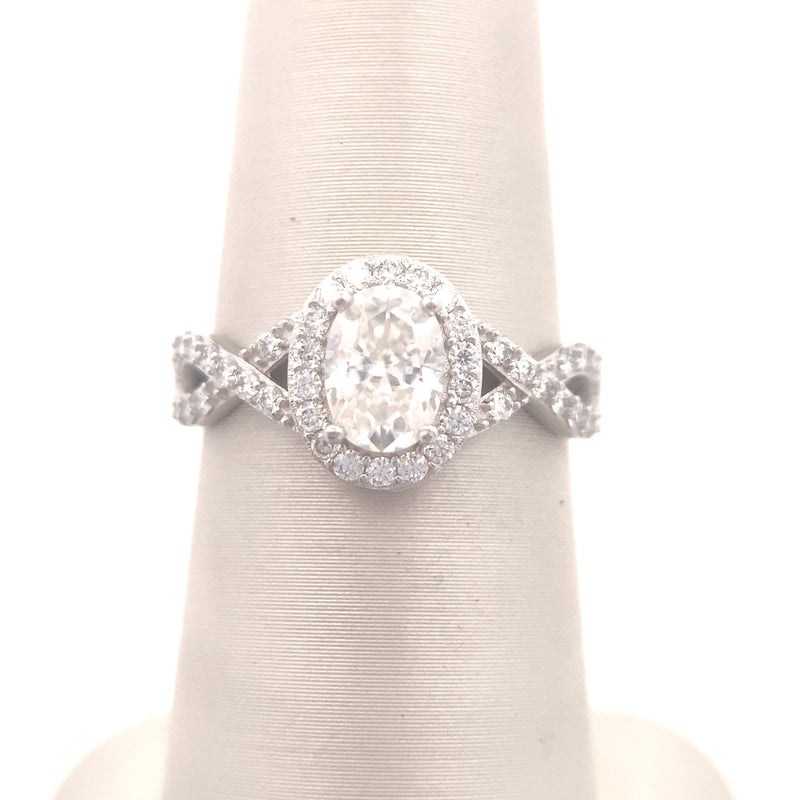 14K White Gold 1CT. Oval-Cut Moissanite Halo & Twisted Shank Engagement Ring
