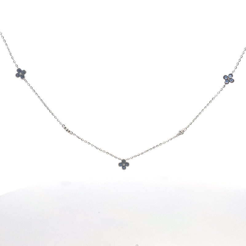 14K White Gold 1/6CT. Diamond & Blue Sapphire Flower-Inspired Station Necklace