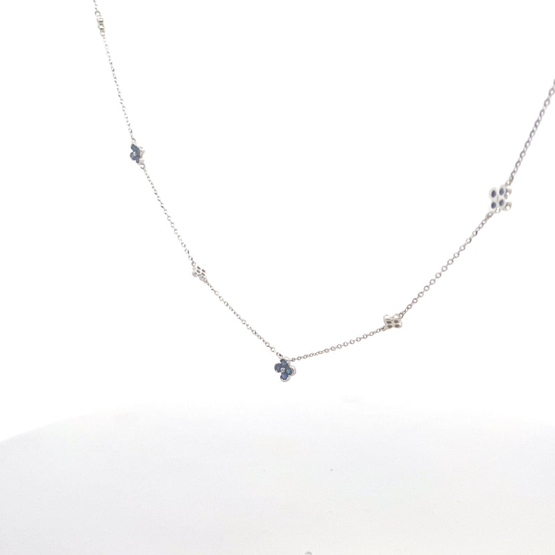 14K White Gold 1/6CT. Diamond & Blue Sapphire Flower-Inspired Station Necklace