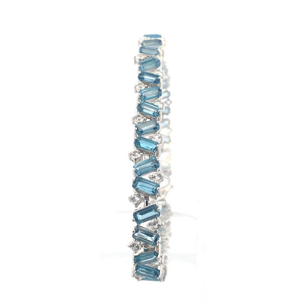 Sterling Silver London Blue Topaz & Created White Sapphire Accented Baguette Bracelet