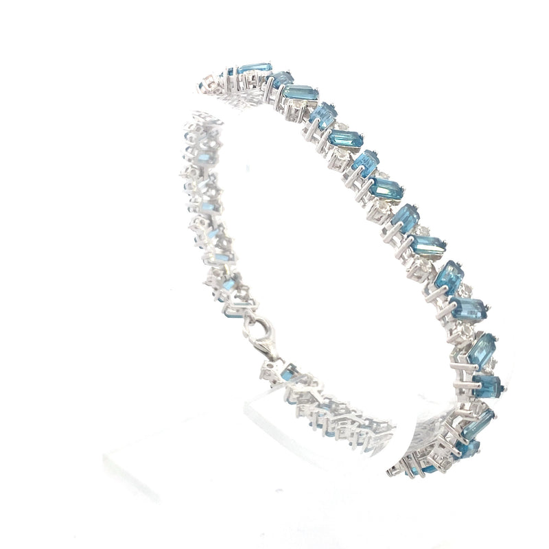 Sterling Silver London Blue Topaz & Created White Sapphire Accented Baguette Bracelet