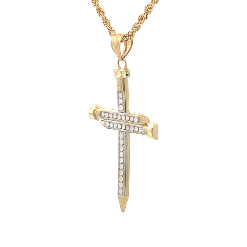 10K Two-Tone Gold Diamond Cut Nail Cross Pendant Without Chain