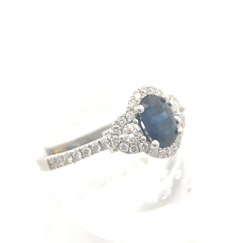 14K White Gold 1CT. Blue Sapphire & 3/8CT. Diamond Halo Three-Stone Engagement Ring