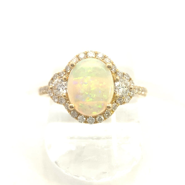 14K Yellow Gold 1-3/8CT. Opal & 5/8CT. Diamond Halo Three-Stone Engagement Ring