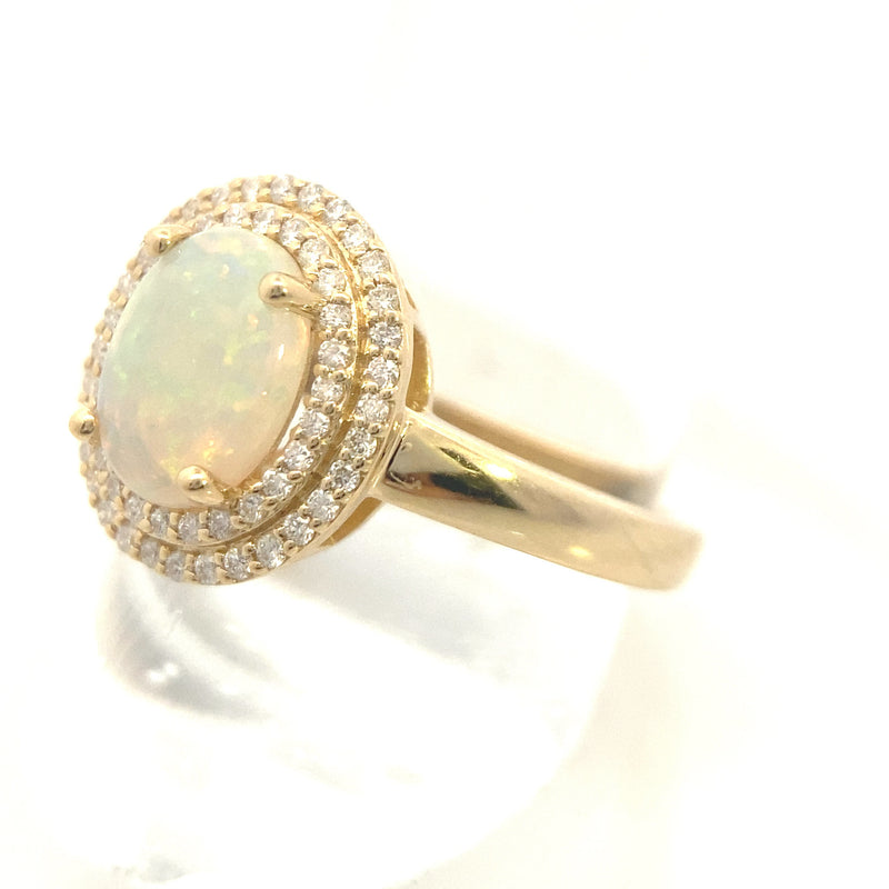 14K Yellow Gold 1CT. Opal & 1/4CT. Diamond Double-Halo Engagement Ring