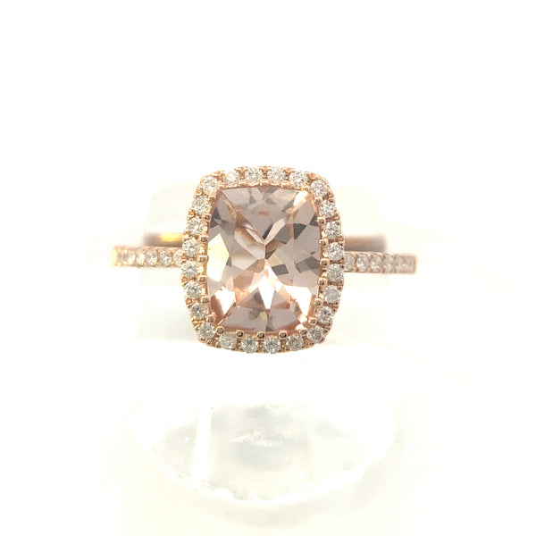 14K Rose Gold 1-3/4CT. Radiant-Cut Morganite & 1/4CT. Diamond Halo Engagement Ring