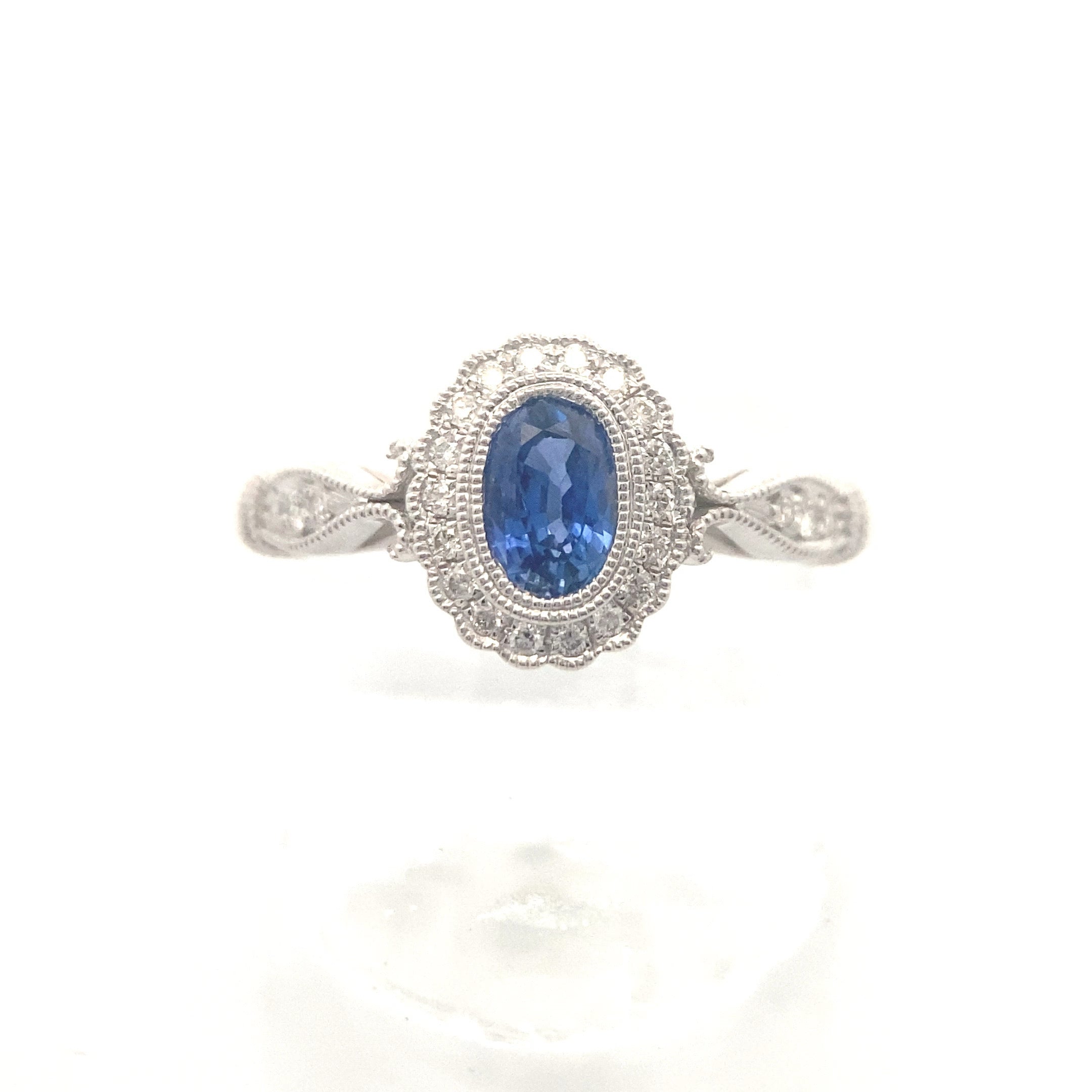 14K White Gold 5/8CT. Oval-Cut Sapphire & 1/6CT. Diamond Accented Vintage-Inspired Ring