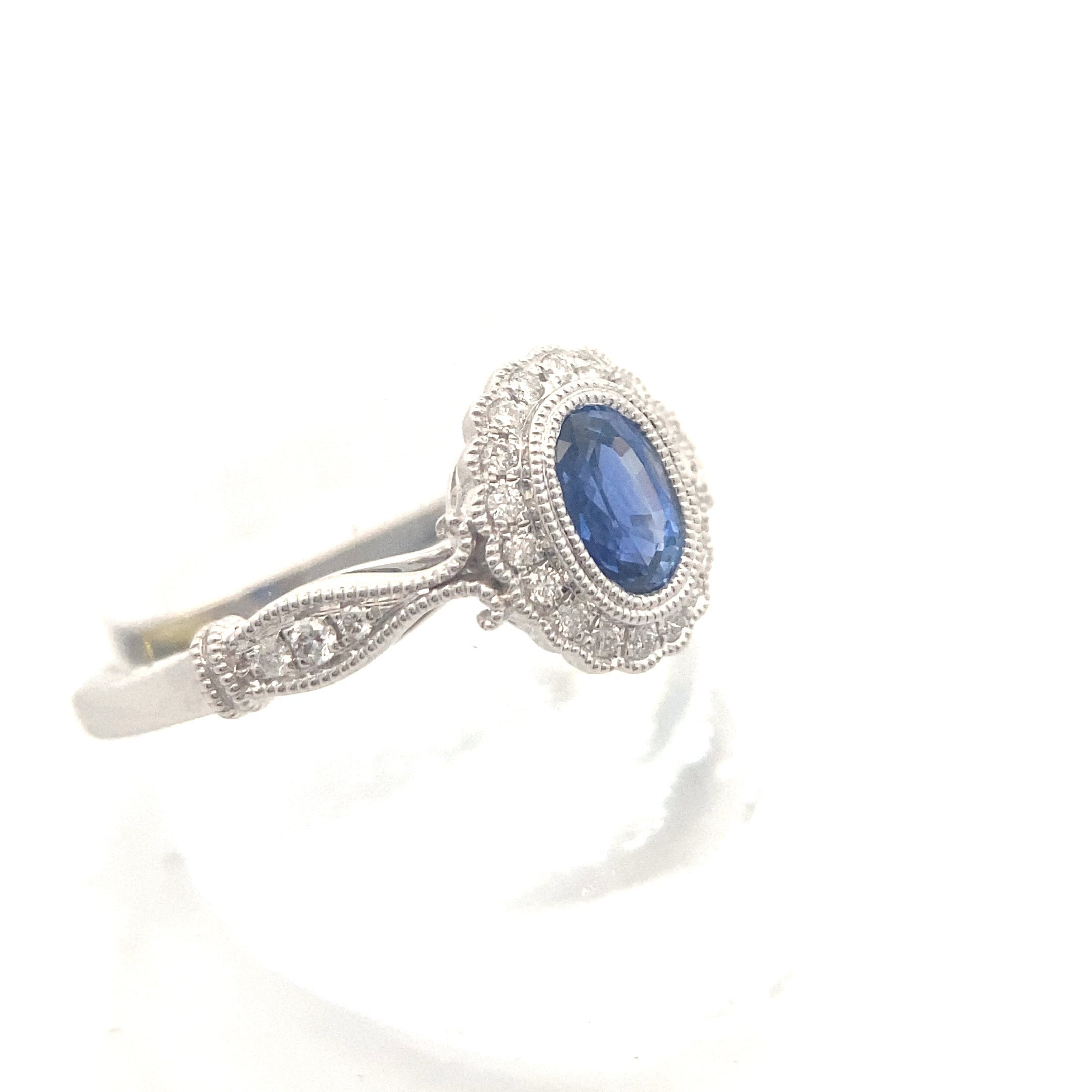 14K White Gold 5/8CT. Oval-Cut Sapphire & 1/6CT. Diamond Accented Vintage-Inspired Ring