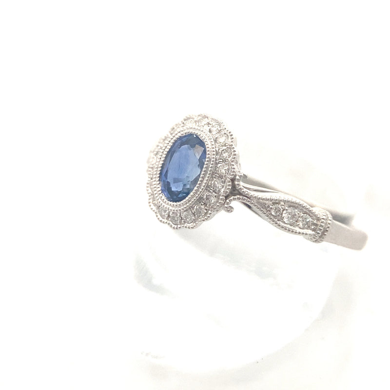14K White Gold 5/8CT. Oval-Cut Sapphire & 1/6CT. Diamond Accented Vintage-Inspired Ring