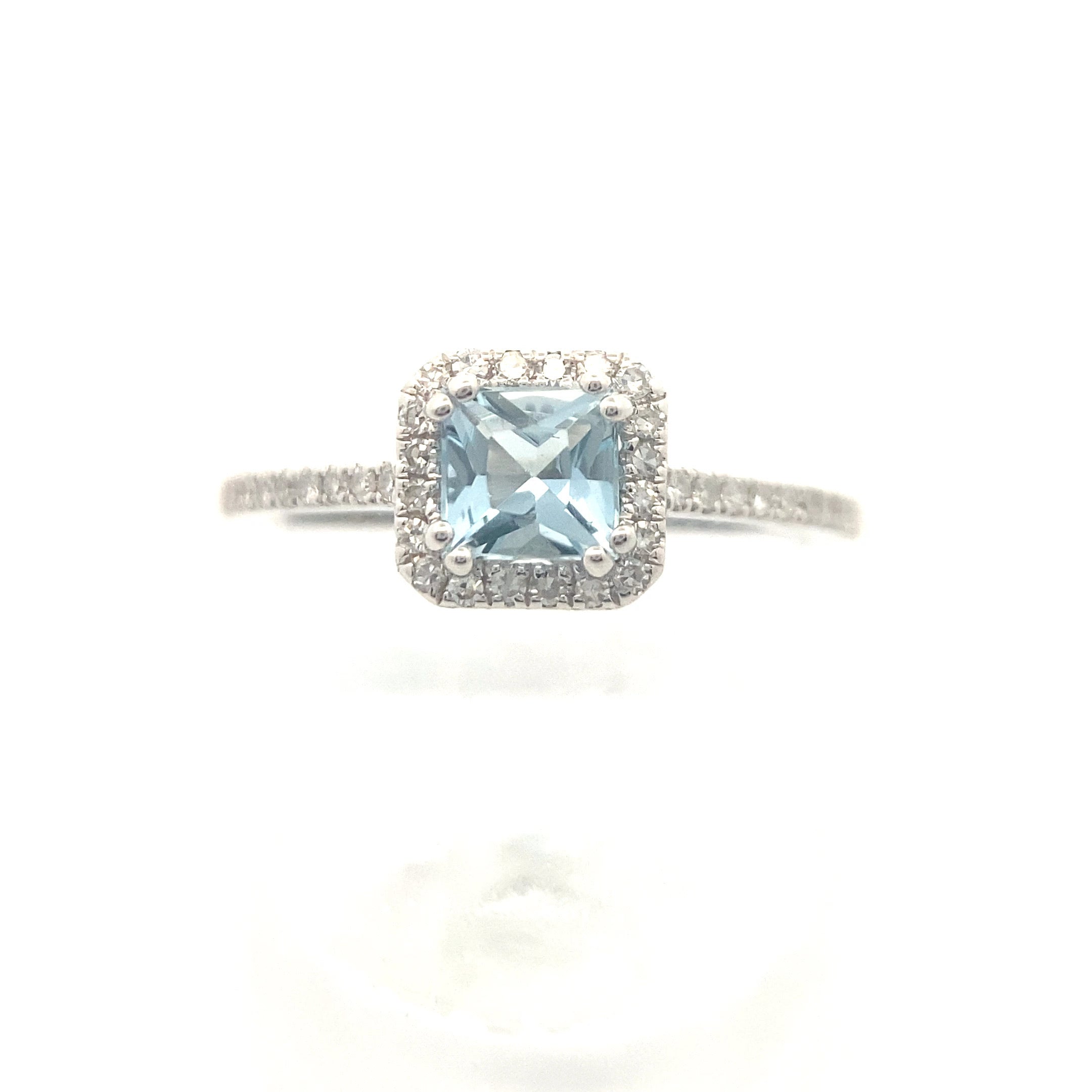 14K White Gold 5/8CT. Princess-Cut Aquamarine & 1/4CT. Diamond Halo Ring