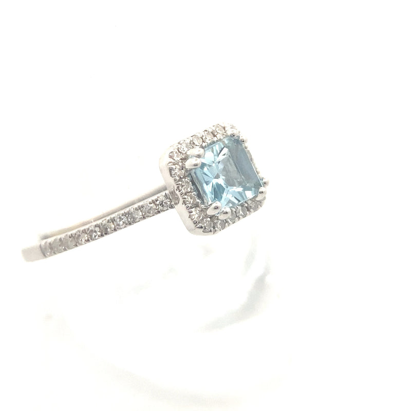 14K White Gold 5/8CT. Princess-Cut Aquamarine & 1/4CT. Diamond Halo Ring