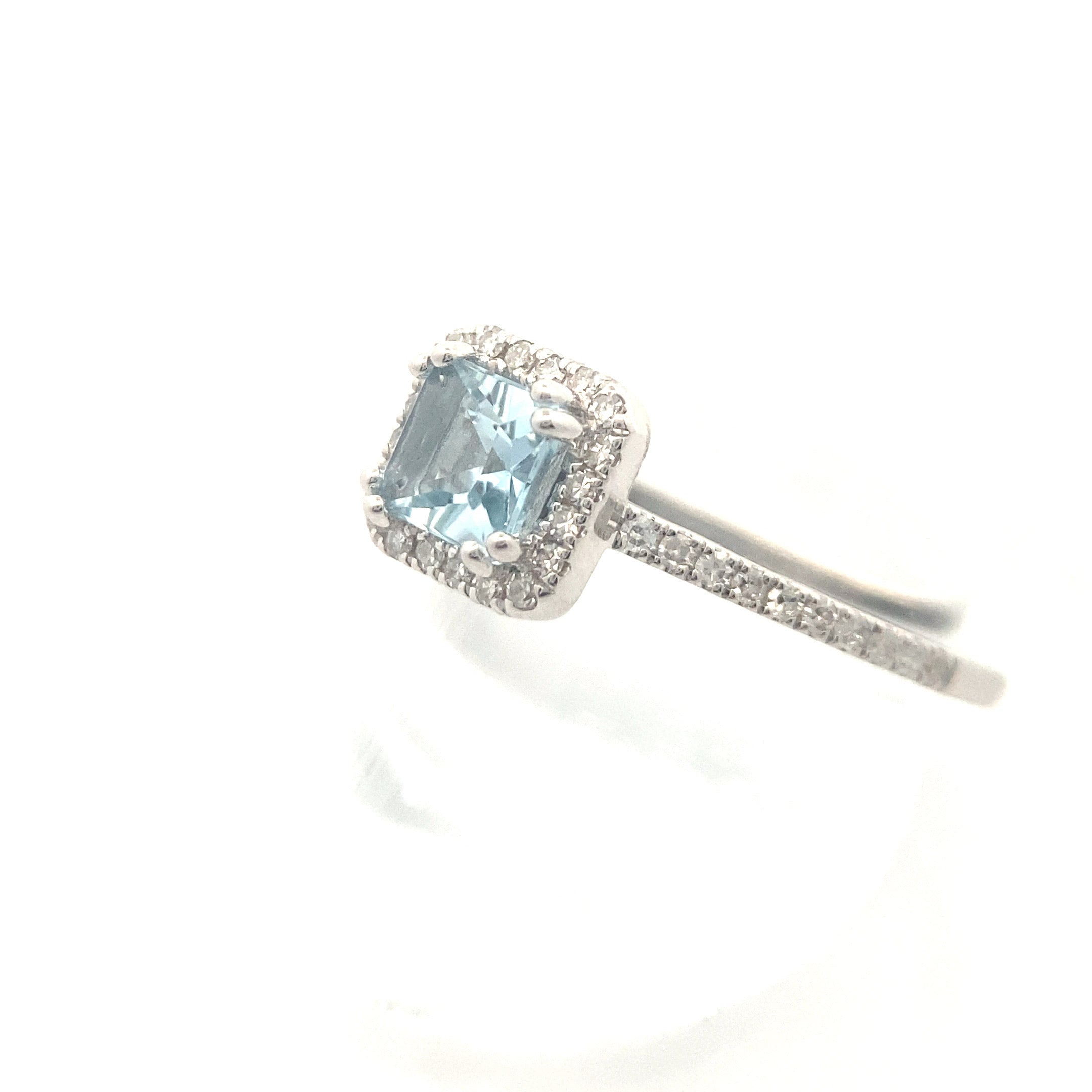 14K White Gold 5/8CT. Princess-Cut Aquamarine & 1/4CT. Diamond Halo Ring