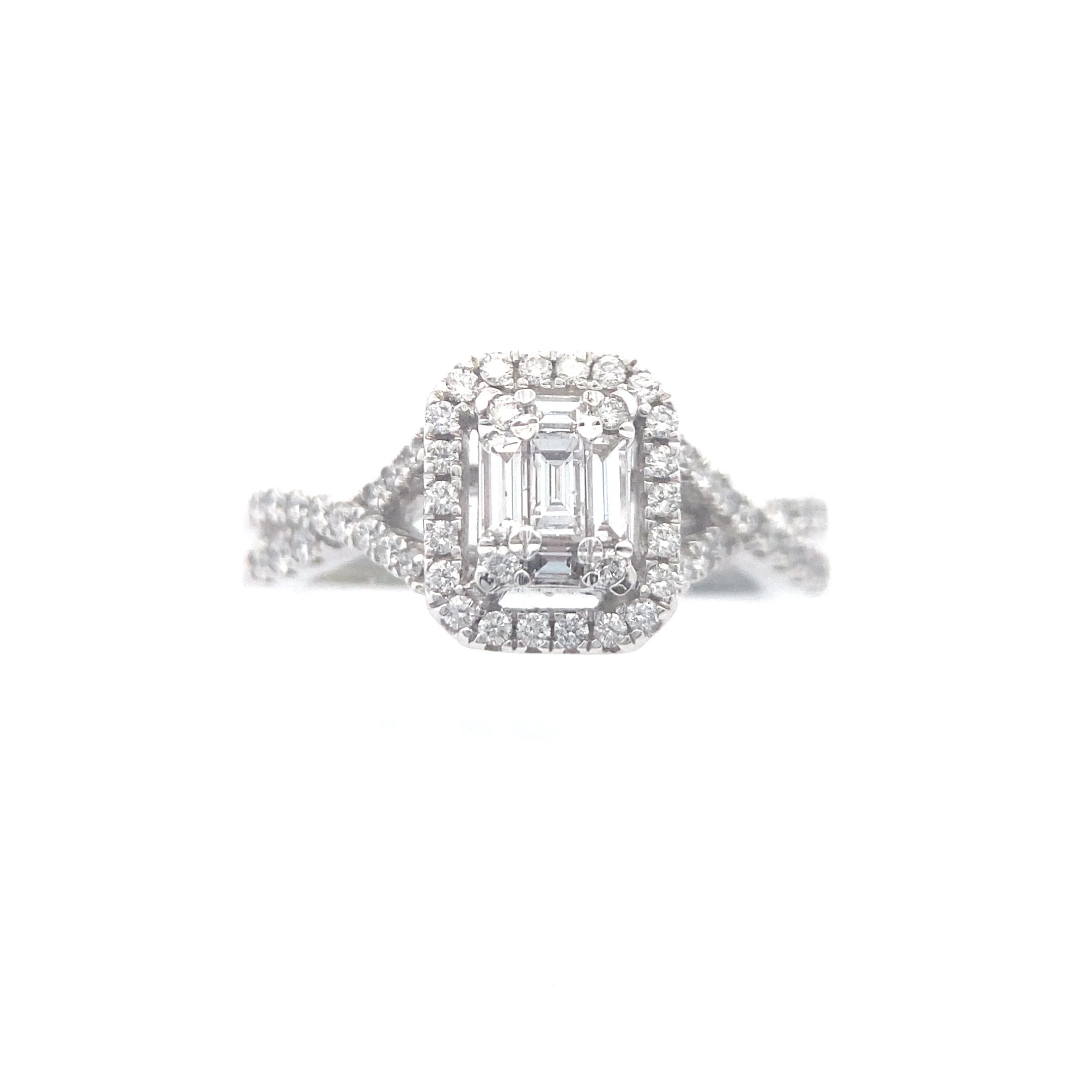 The "Olivia" — 10K White Gold 5/8CTW. Diamond Baguette Halo-Accented Twisted Shank Engagement Ring