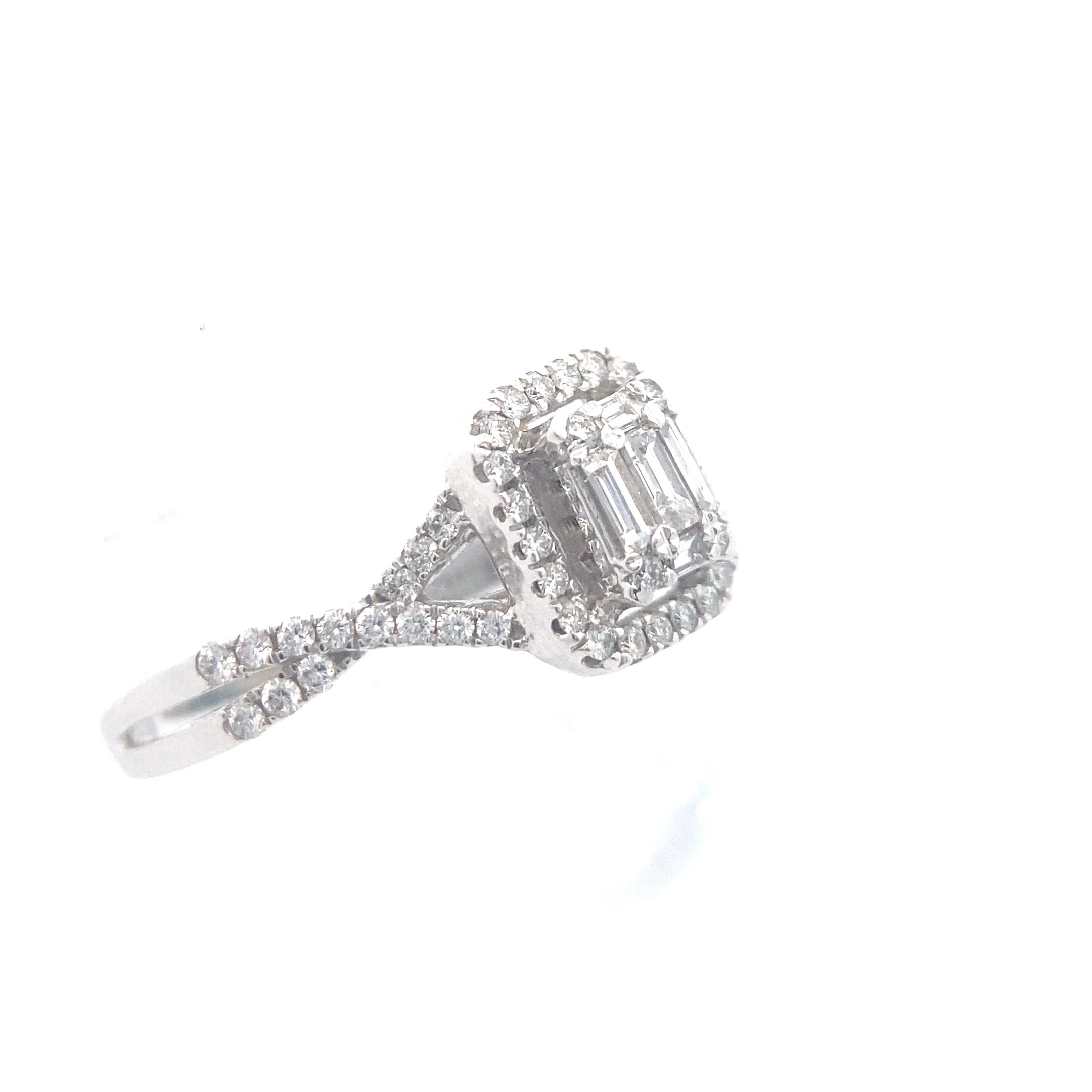 10K White Gold 5/8CT. Diamond Baguette Halo-Accented Twisted Shank Engagement Ring