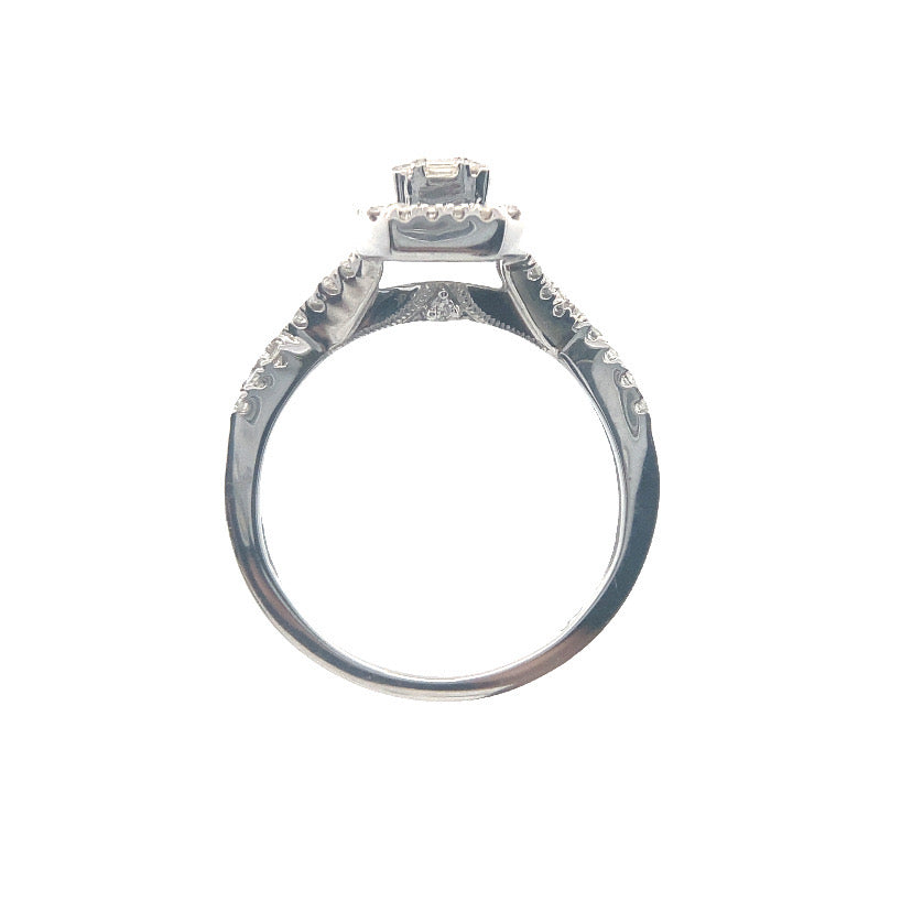 10K White Gold 5/8CT. Diamond Baguette Halo-Accented Twisted Shank Engagement Ring