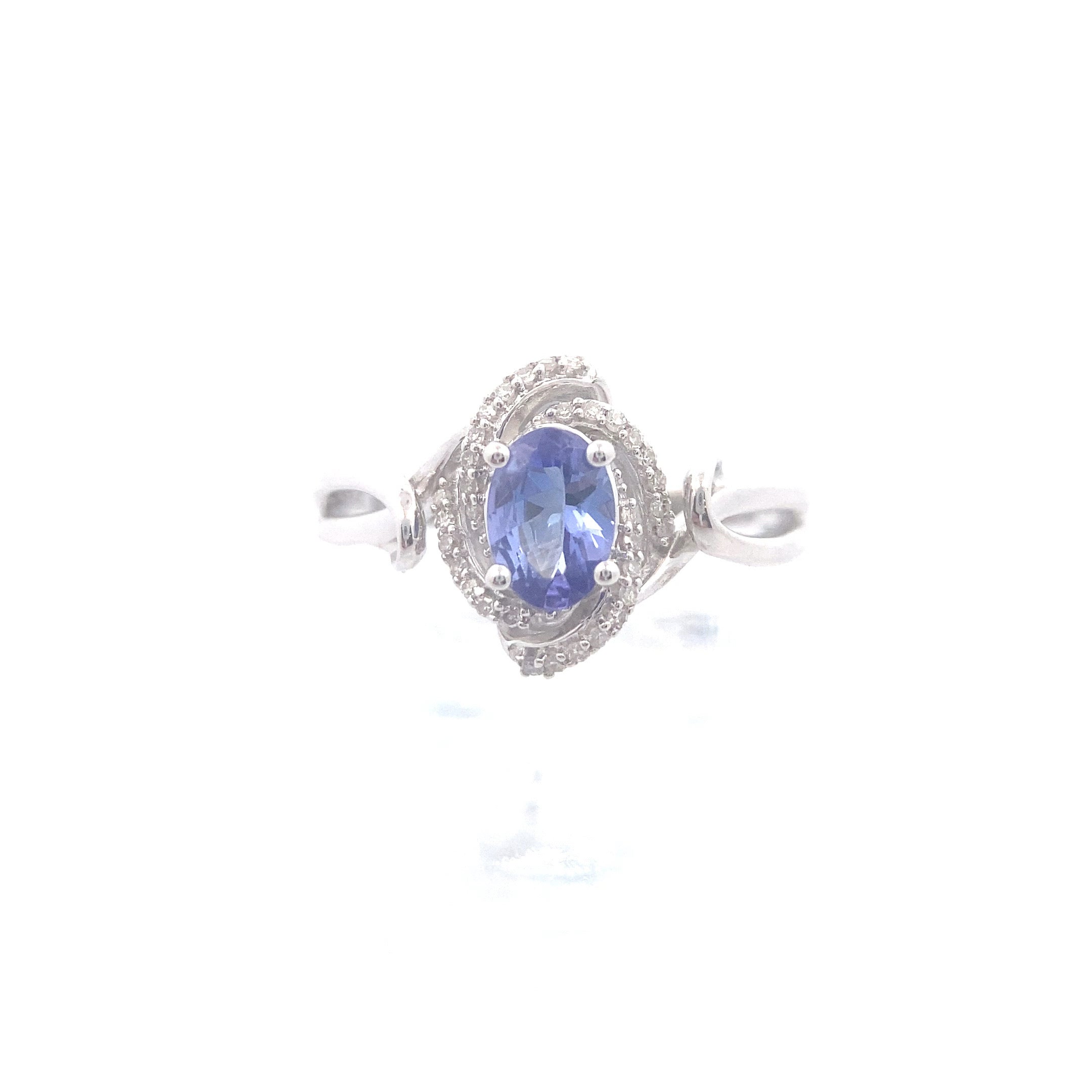 Sterling Silver 3/4CT. Oval-Cut Tanzanite with 1/10CT. White Zircon & Diamond Vortex Halo Ring