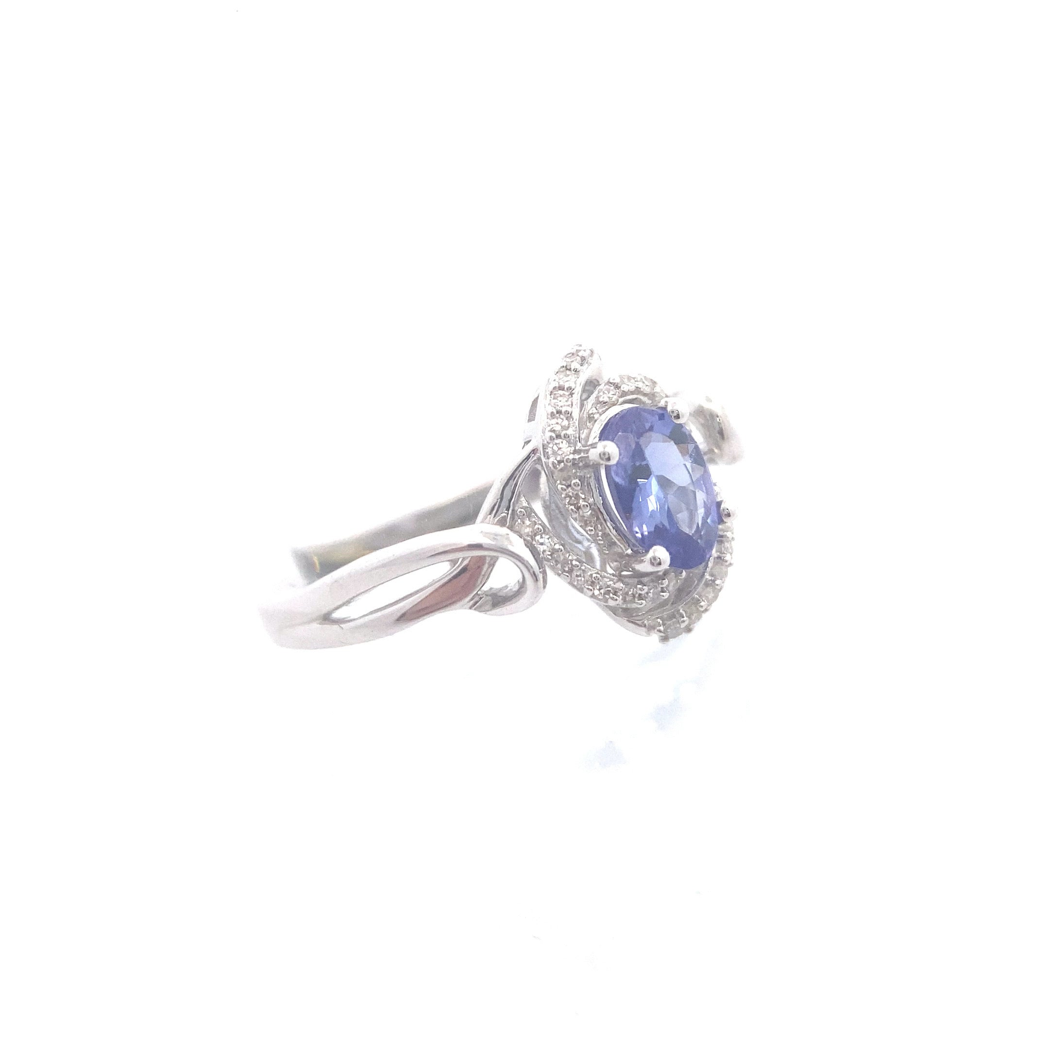 Sterling Silver 3/4CT. Oval-Cut Tanzanite with 1/10CT. White Zircon & Diamond Vortex Halo Ring