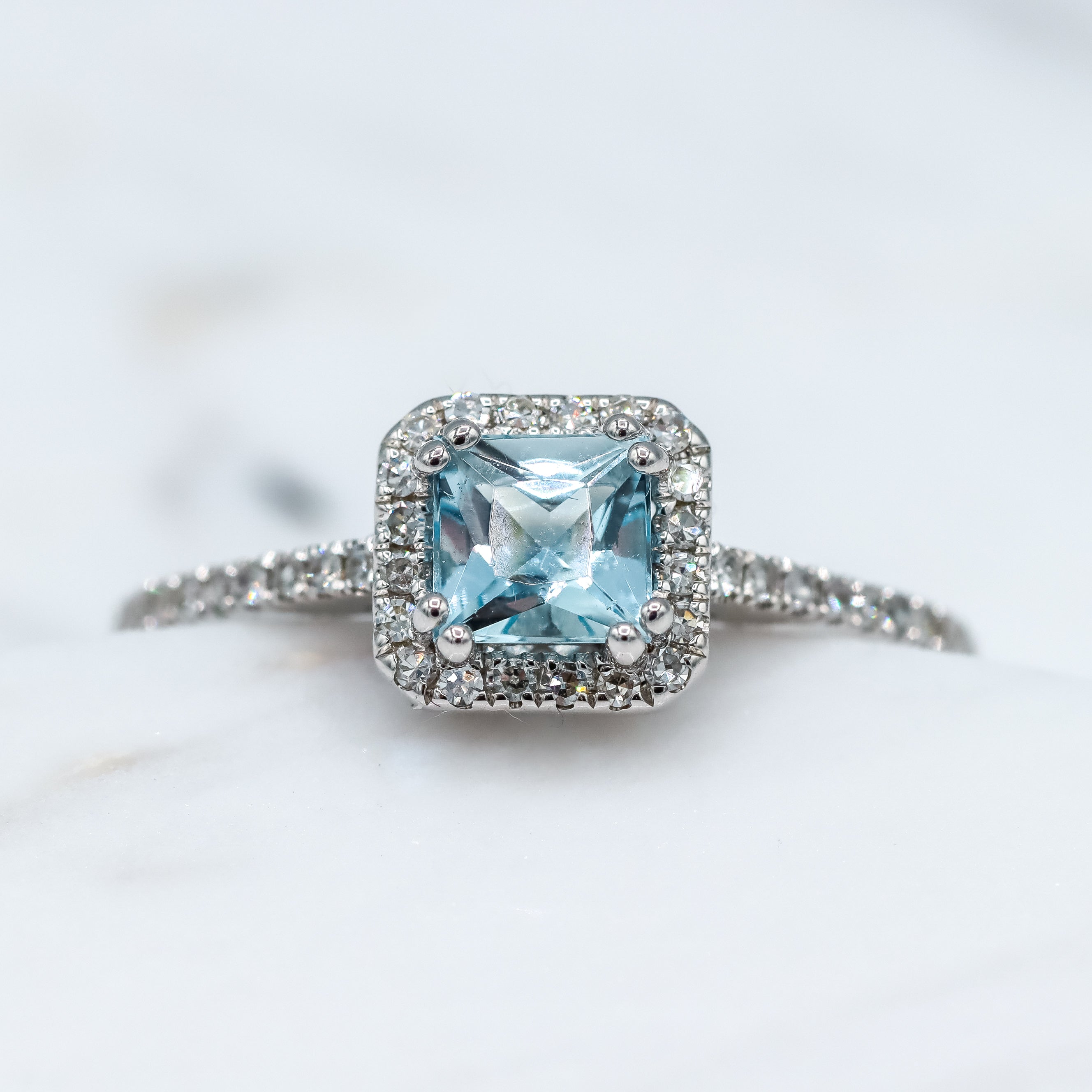 14K White Gold 5/8CT. Princess-Cut Aquamarine & 1/4CT. Diamond Halo Ring