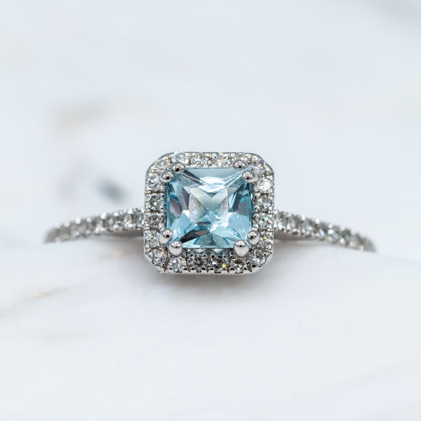 14K White Gold 5/8CT. Princess-Cut Aquamarine & 1/4CT. Diamond Halo Ring