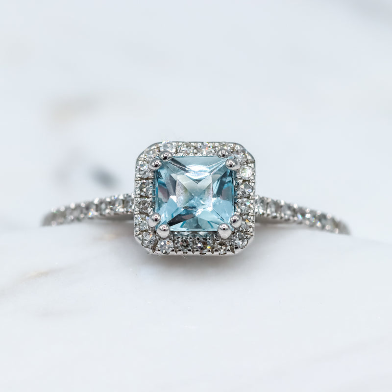 14K White Gold 5/8CT. Princess-Cut Aquamarine & 1/4CT. Diamond Halo Ring