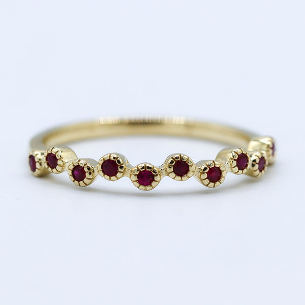 10K Yellow Gold Offset Round Ruby Station Stackable Ring
