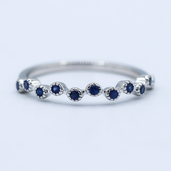10K White Gold Offset Round Sapphire Station Stackable Ring