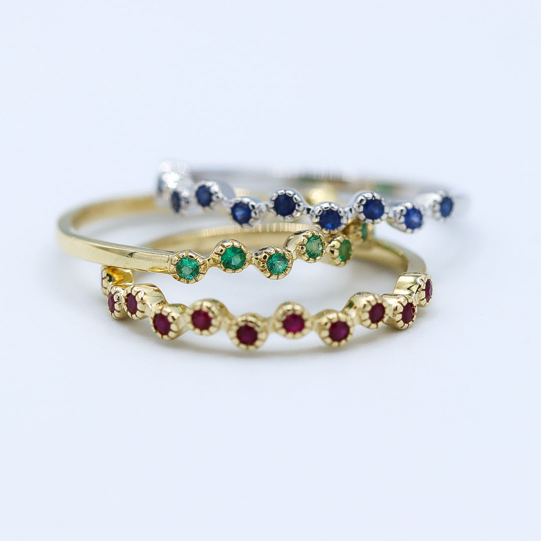 10K Yellow Gold Offset Round Ruby Station Stackable Ring