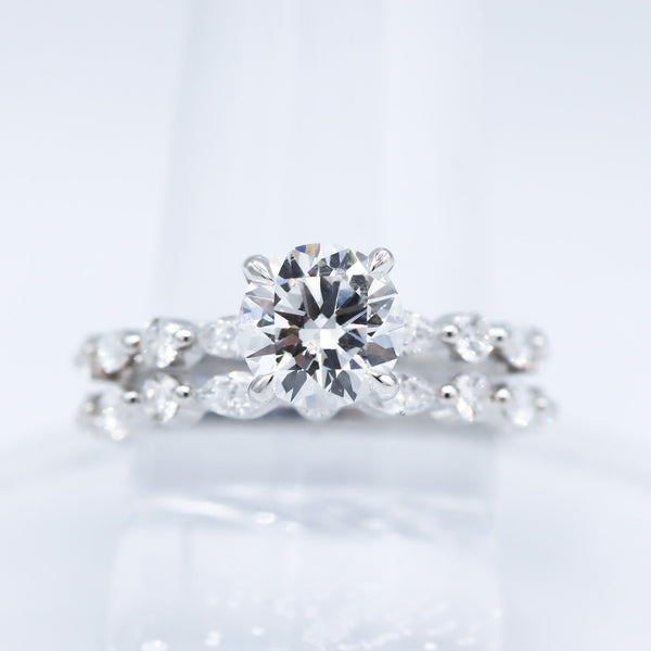 14K White Gold 1-1/2CT. Round Lab-Grown Diamond Marquise & Round Accented Engagment Ring & Wedding Band Set
