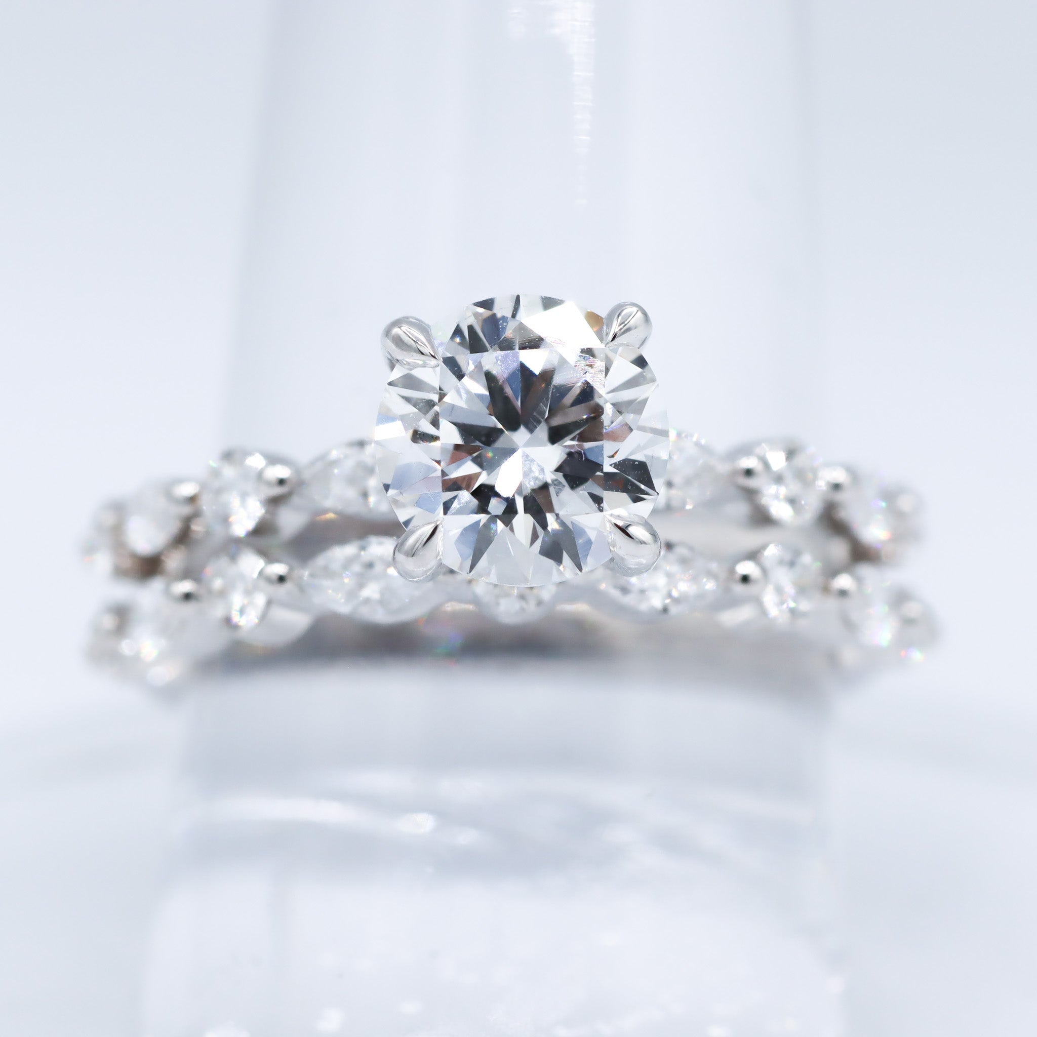 14K White Gold 1-1/2CT. Round Lab-Grown Diamond Marquise & Round Accented Engagment Ring & Wedding Band Set