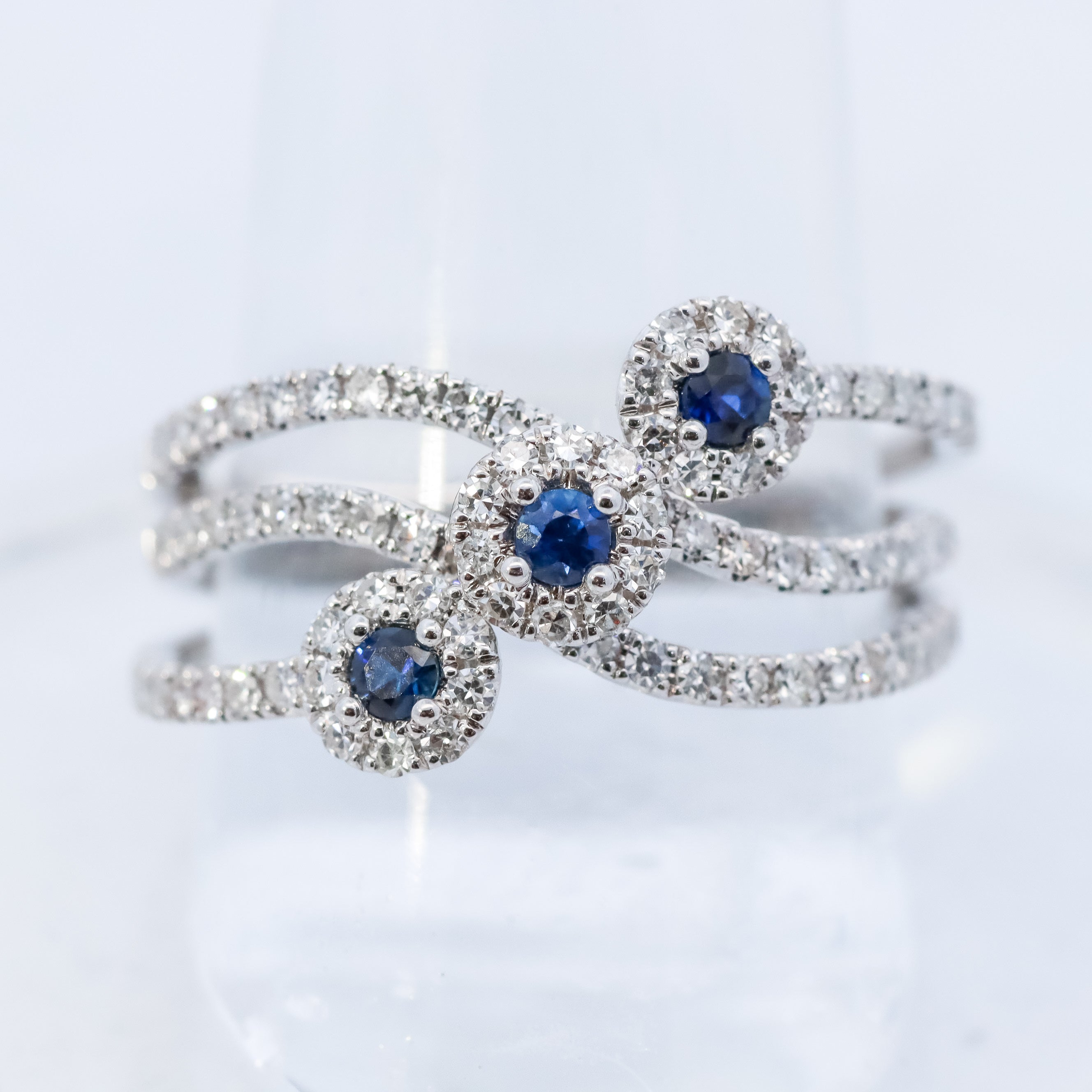 Platinum Sapphire and Diamond Three-Stone Bypass Ring