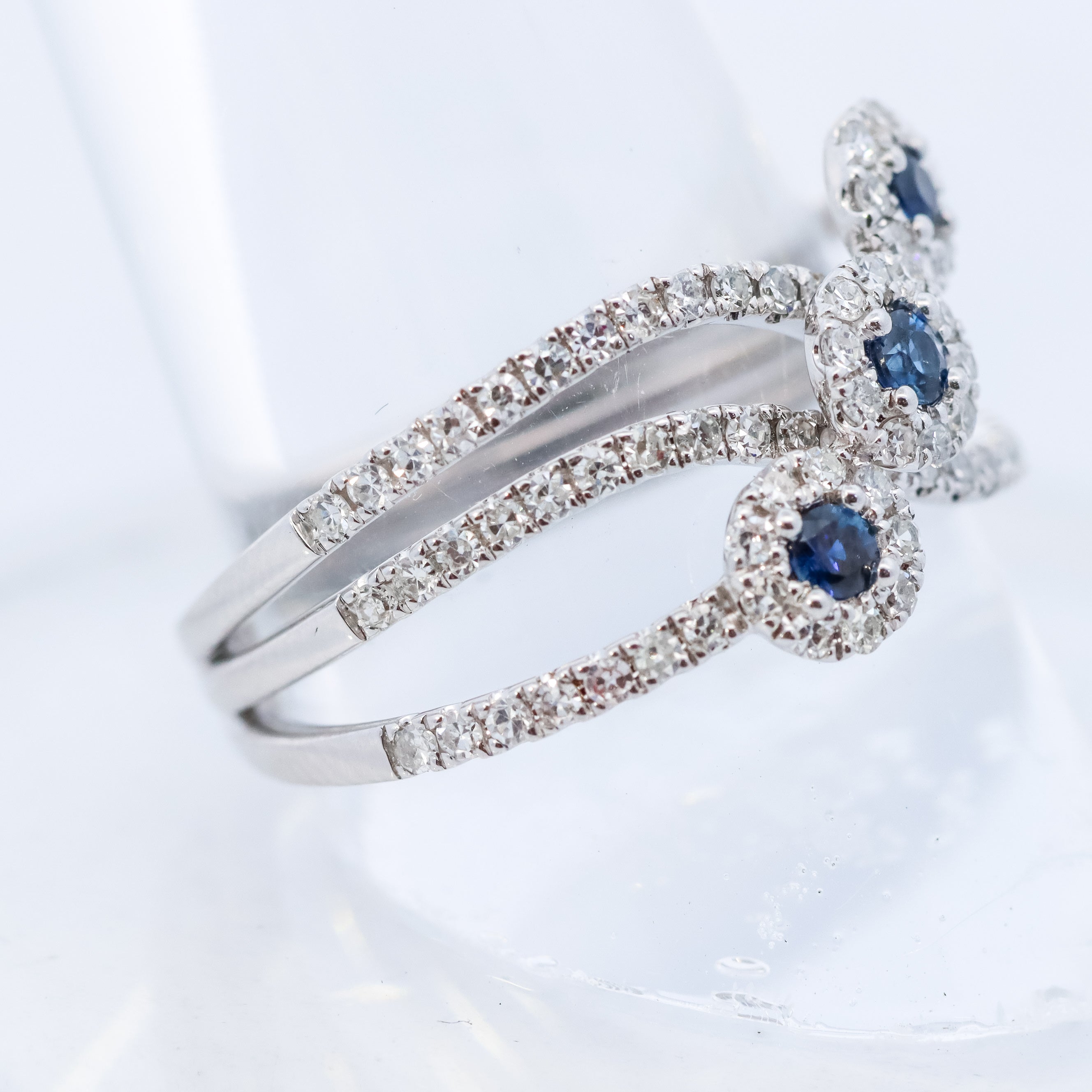 Platinum Sapphire and Diamond Three-Stone Bypass Ring