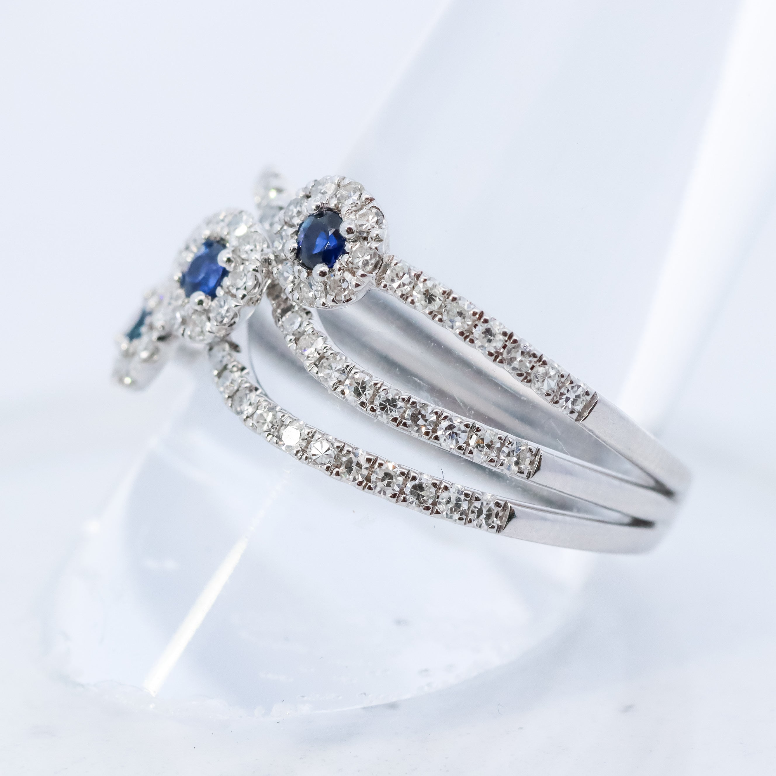 Platinum Sapphire and Diamond Three-Stone Bypass Ring