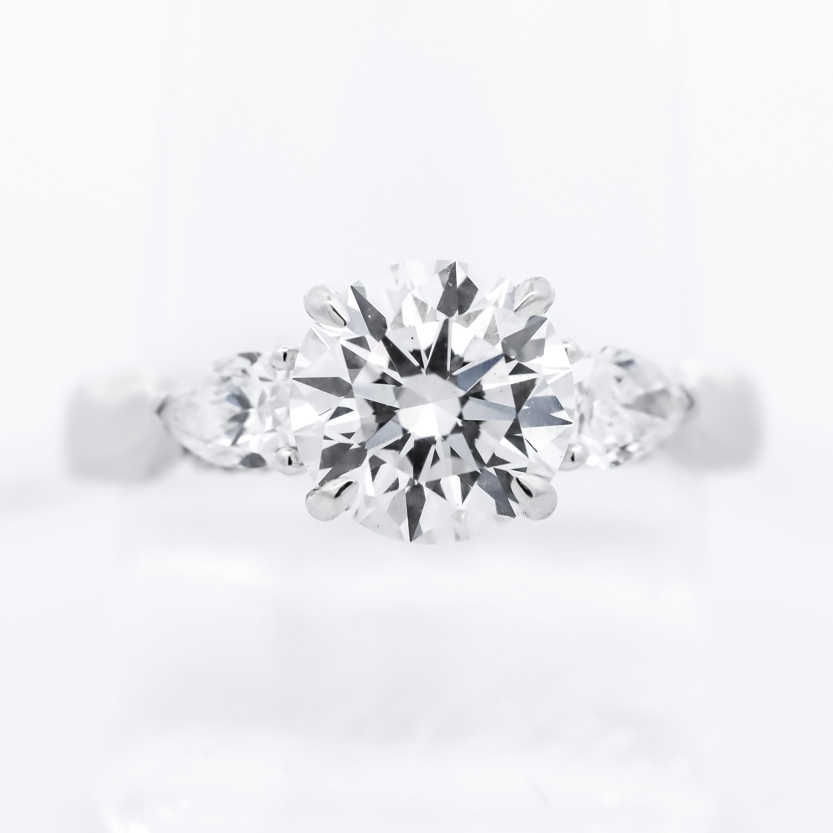 14K White Gold 2CT. Lab-Grown Diamond Round & Pear 3-Stone Cathedral Engagement Ring