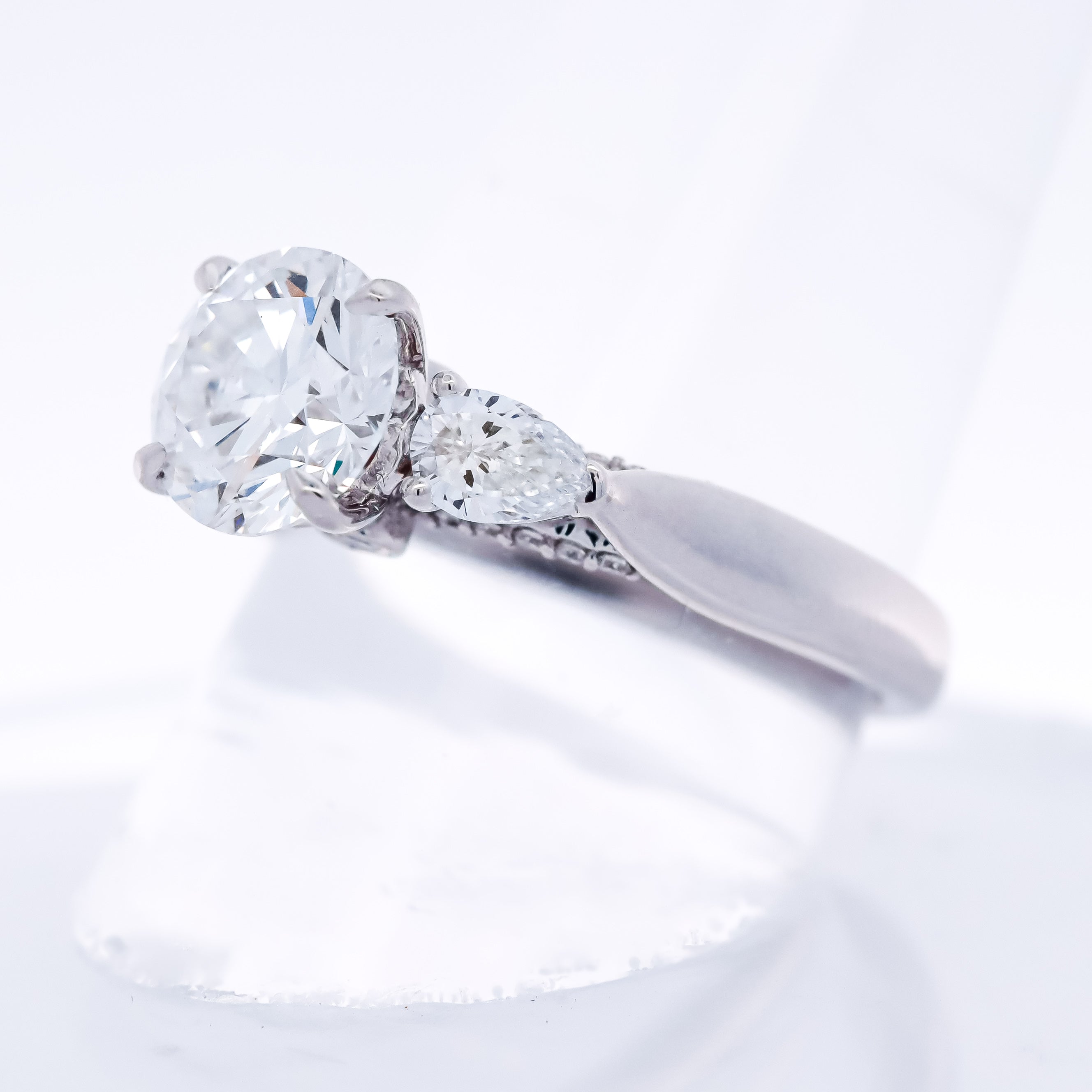 14K White Gold 2CT. Lab-Grown Diamond Round & Pear 3-Stone Cathedral Engagement Ring