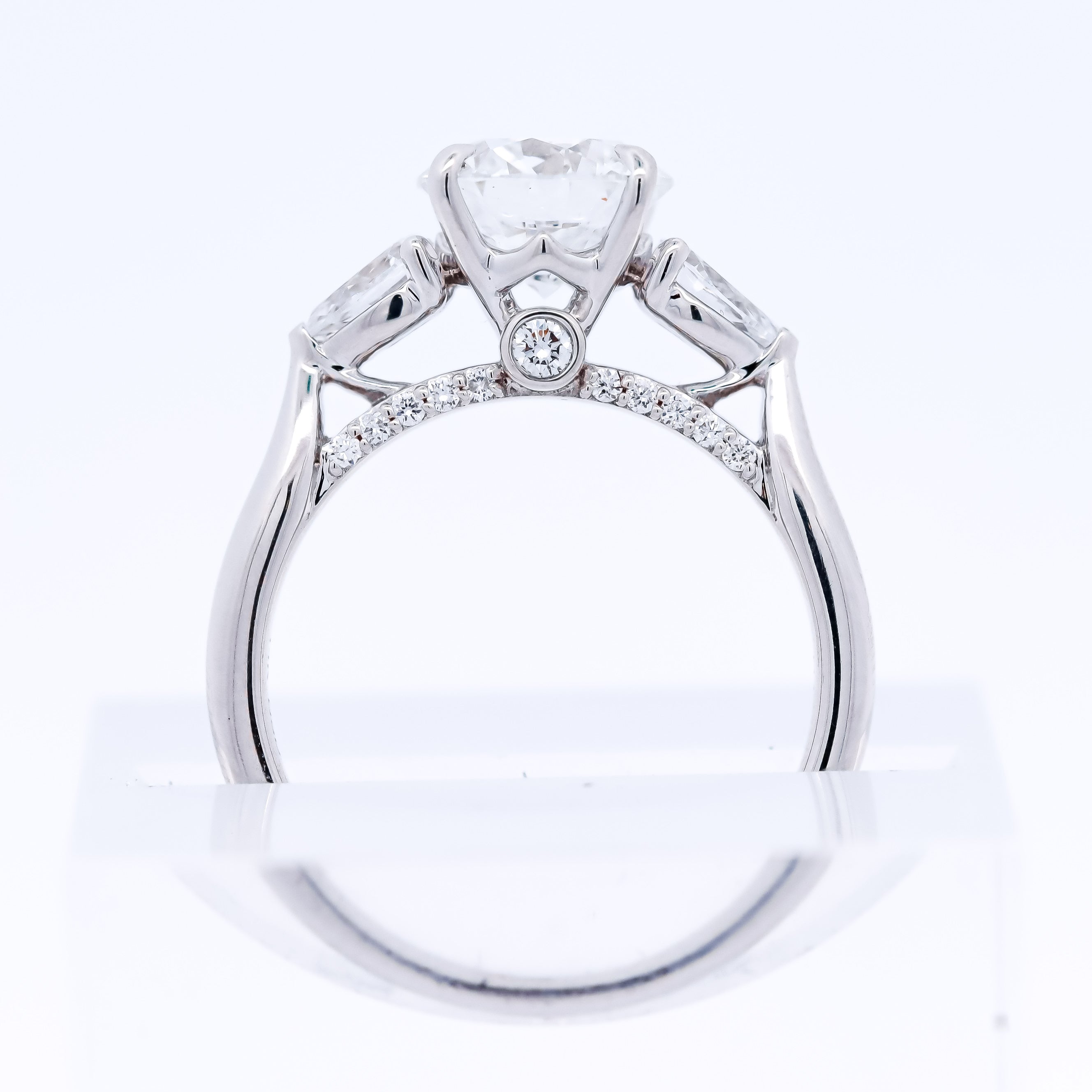 14K White Gold 2CT. Lab-Grown Diamond Round & Pear 3-Stone Cathedral Engagement Ring