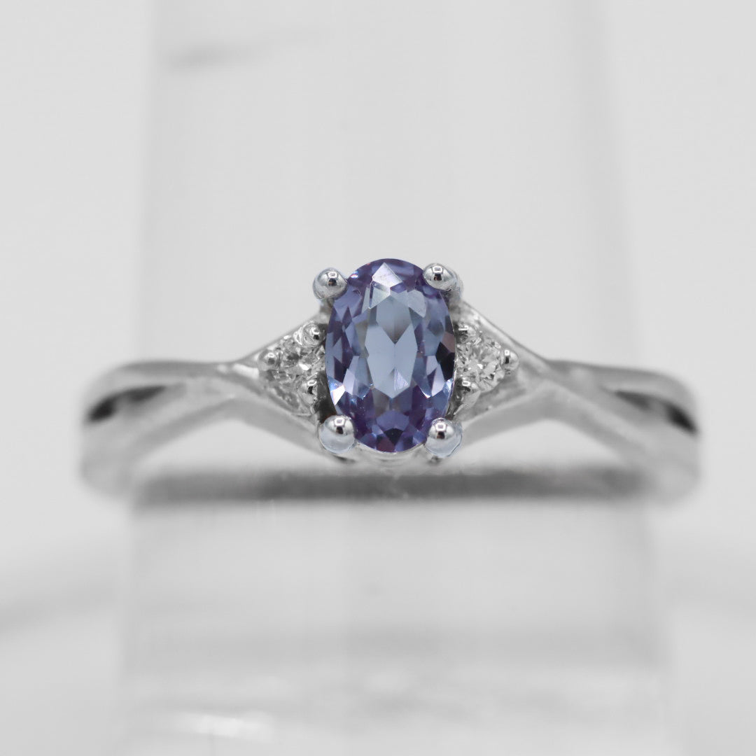 Sterling Silver Oval Created Alexandrite & Diamond Accented Ring