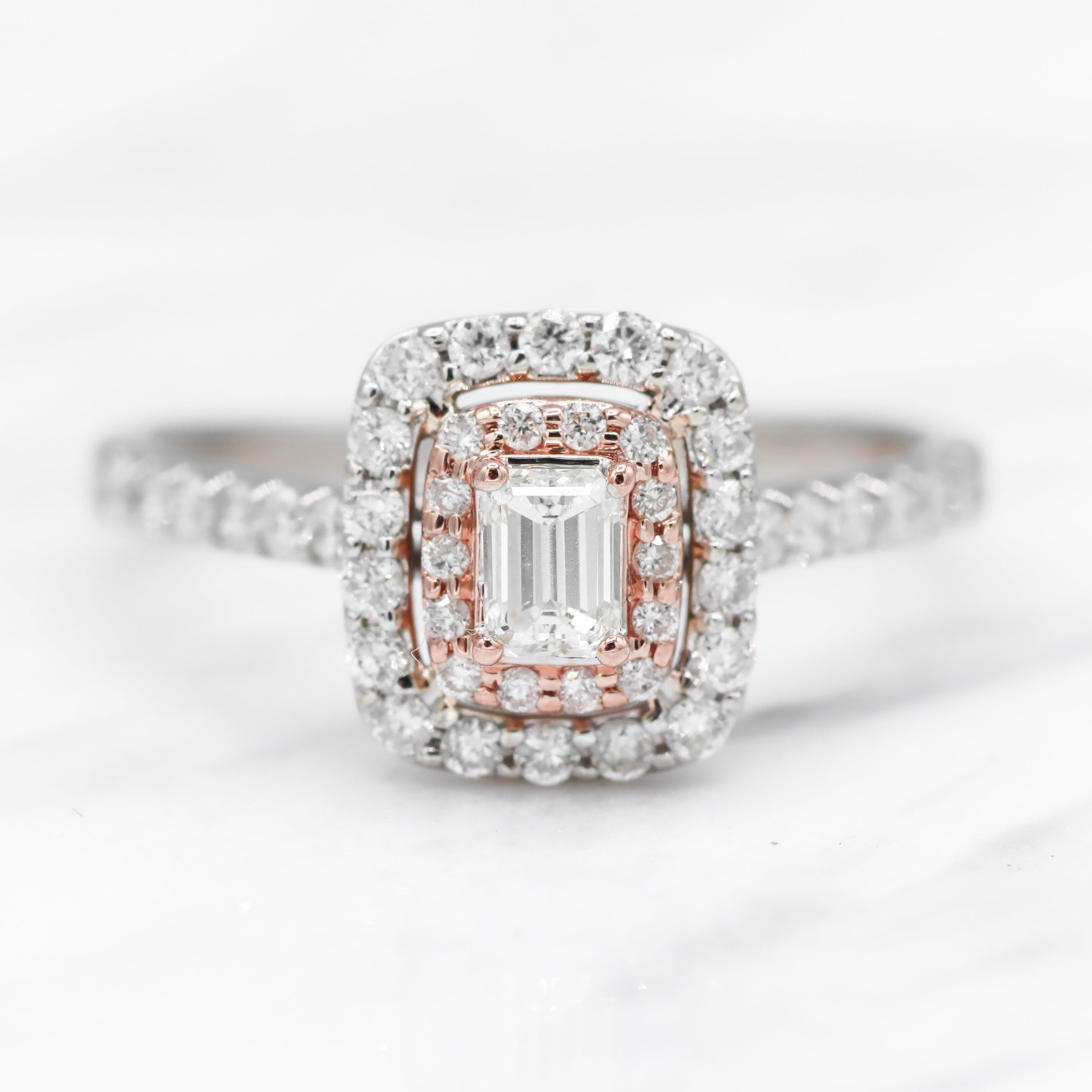 Estate Collection: 14K White Gold Emerald-Cut Diamond Stepped Double Halo Rose Gold Accented Engagement Ring