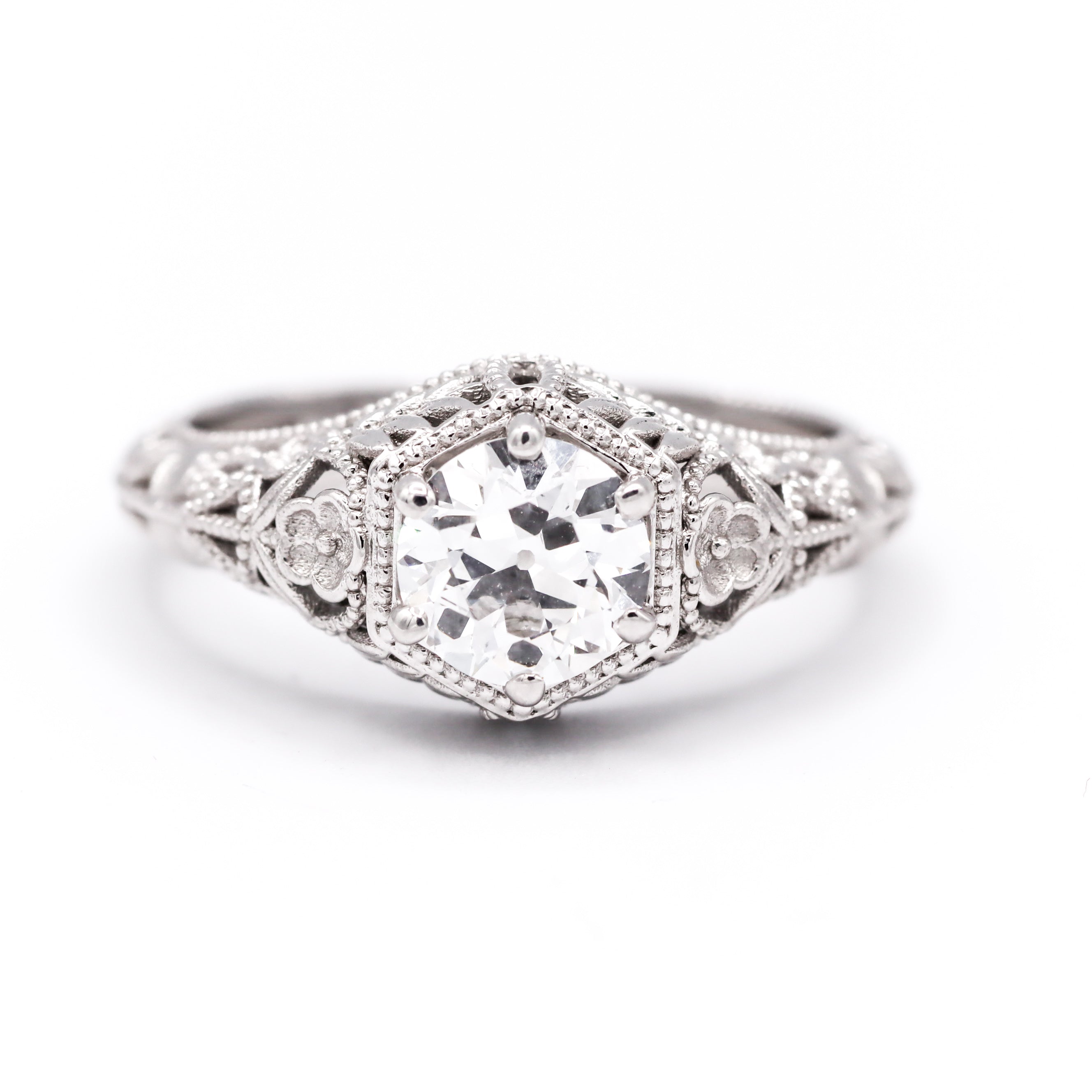 14K White Gold 1CT. Round Lab-Grown Diamond Filigree Engagement Ring