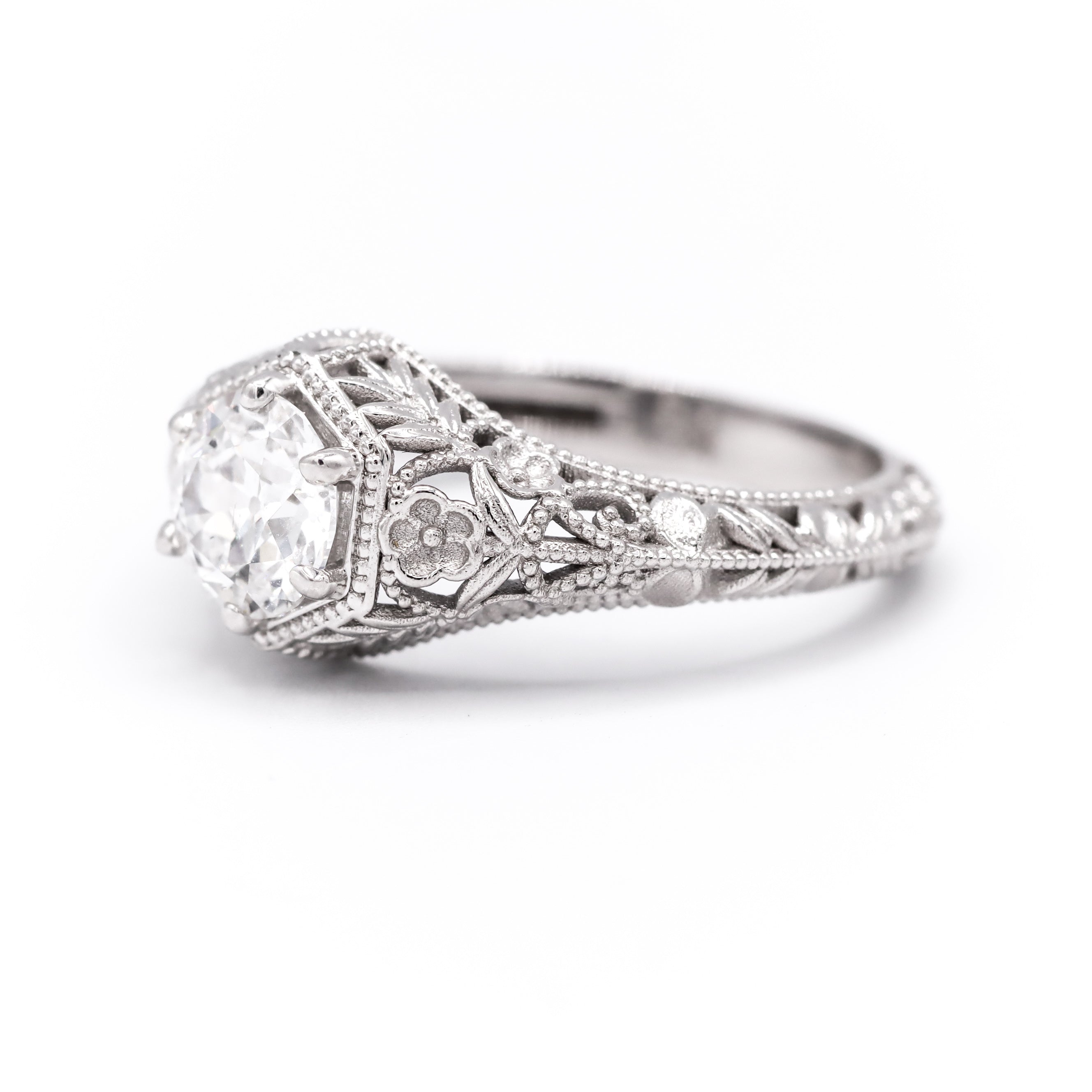 14K White Gold 1CT. Round Lab-Grown Diamond Filigree Engagement Ring