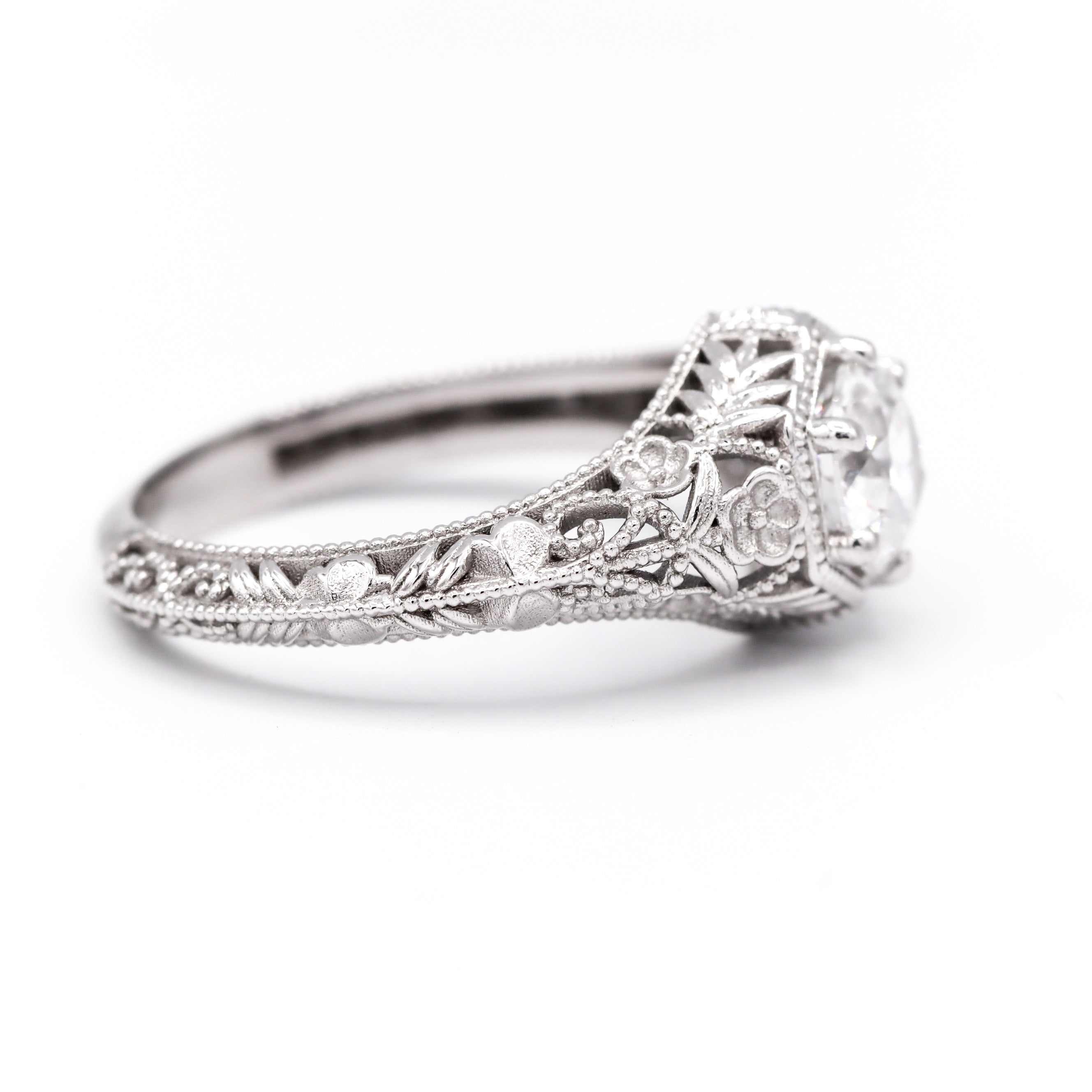 14K White Gold 1CT. Round Lab-Grown Diamond Filigree Engagement Ring