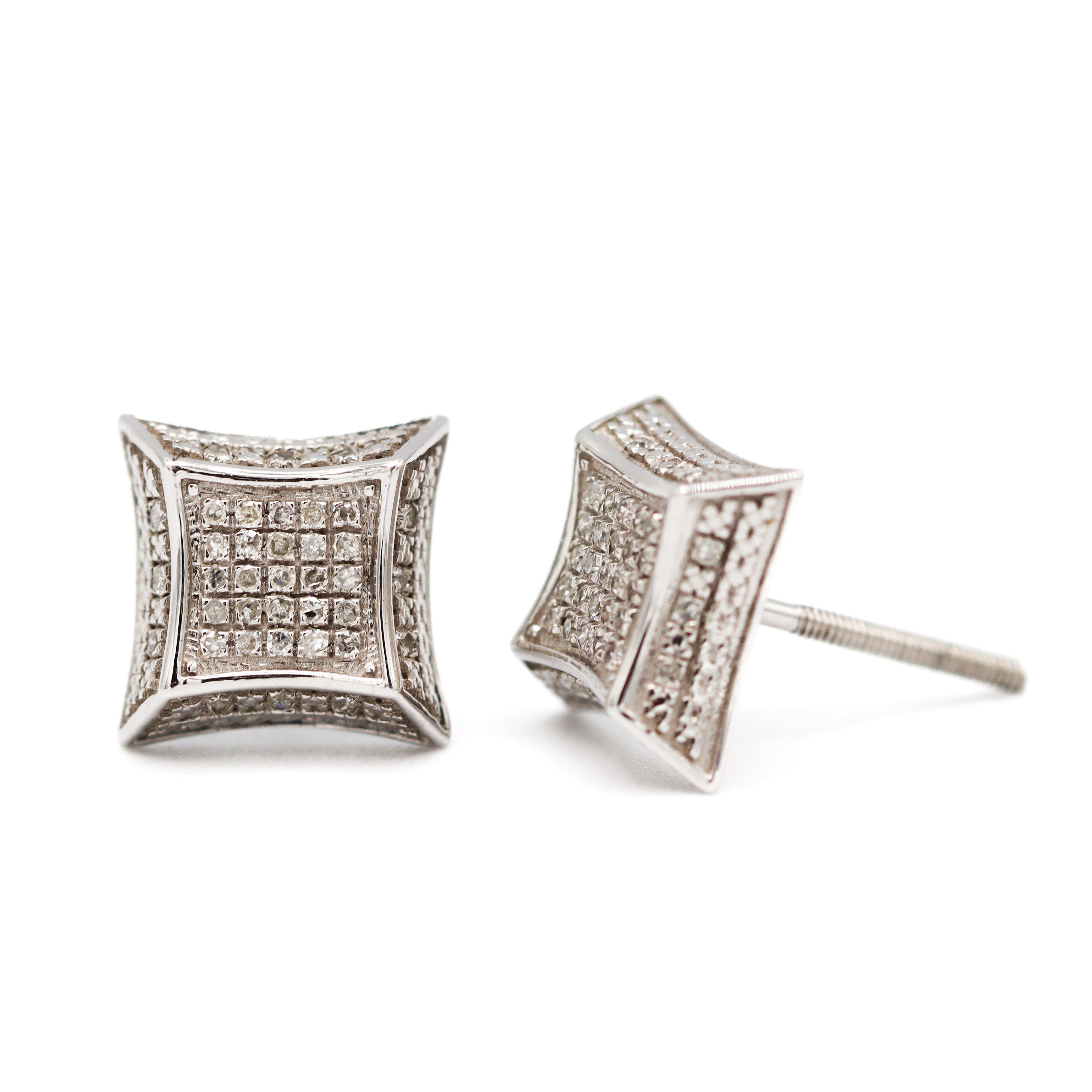 10K White Gold 1/5CT. Diamond Pave Square Screw Back Stud Earrings