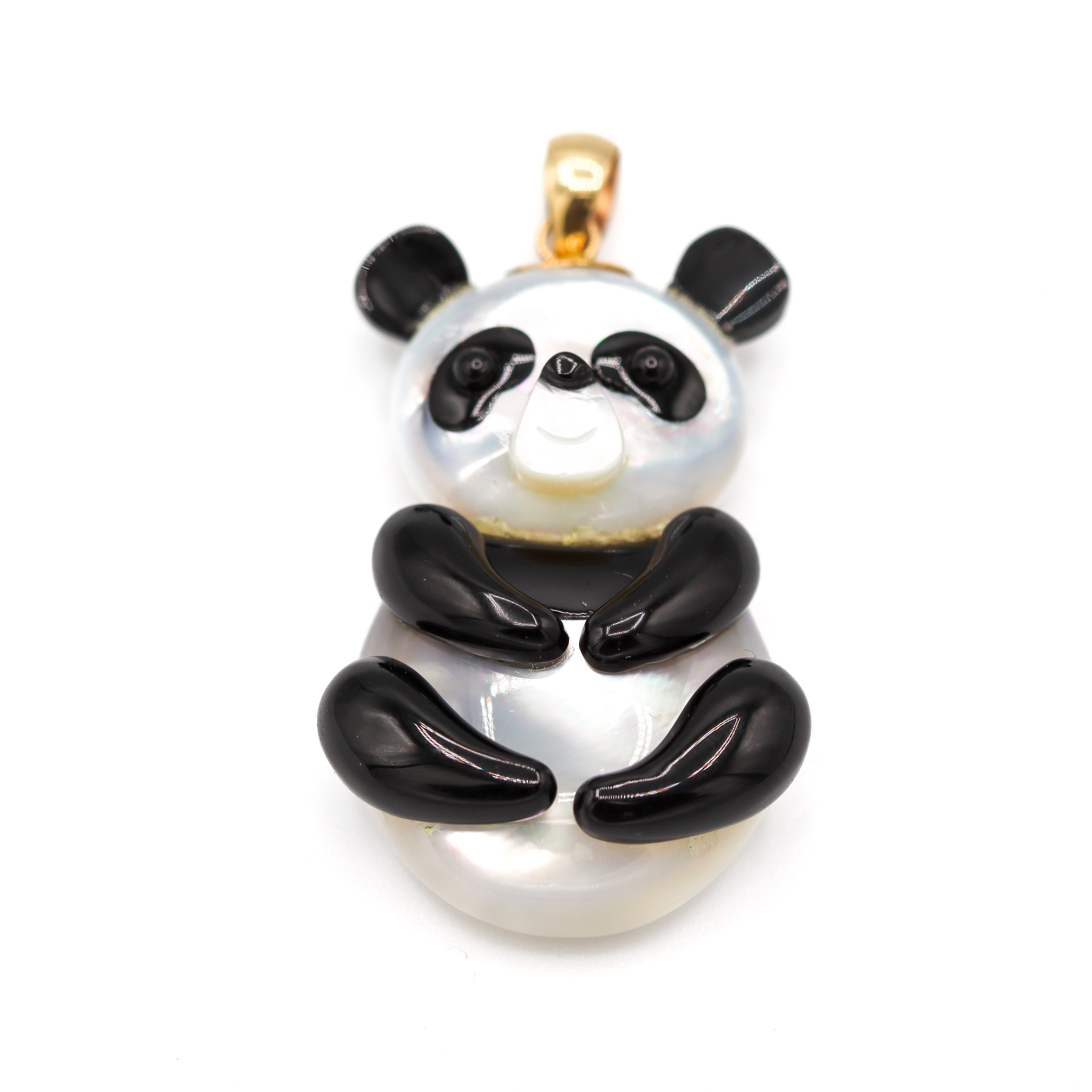 14K Yellow Gold Black Agate & Mother-of-Pearl 18" Panda Pendant